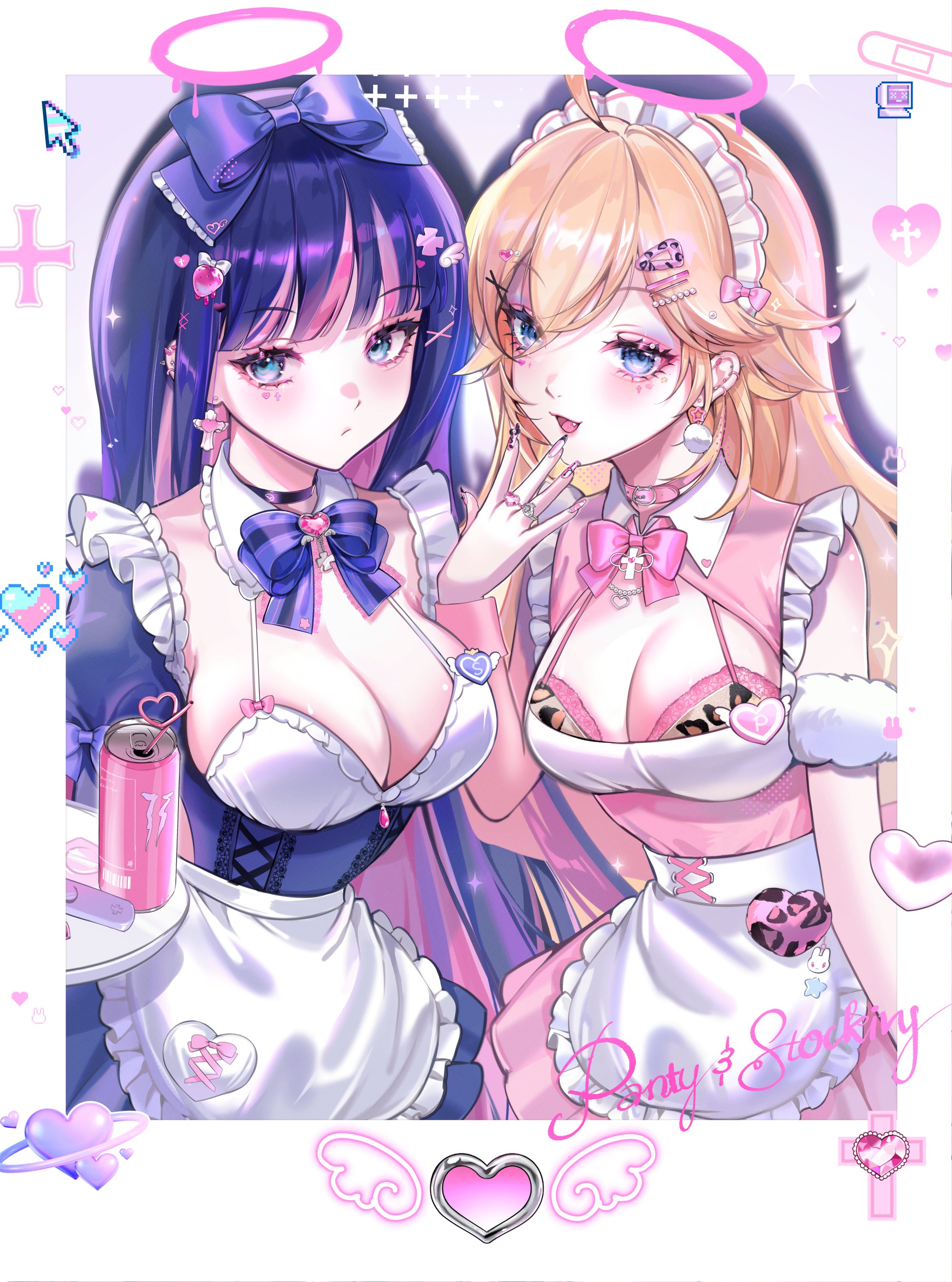 saga666, panty (psg), stocking (psg), panty & stocking with garterbelt, absurdres, commentary, highres, symbol-only commentary, 2girls, ahoge, alternate costume, apron, blonde hair, blue bow, blue bowtie, blue dress, blue eyes, blue hair, border, bow, bowtie, breasts, can, character name, cleavage, cleavage cutout, clothing cutout, colored inner hair, cursor, double-parted bangs, dress, drink can, drinking straw, enmaided, frilled apron, frills, hair ornament, halo, hand to own mouth, headdress, heart, jewelry, large breasts, long hair, looking at viewer, maid, maid headdress, medium breasts, melting halo, multicolored hair, multiple girls, multiple rings, open mouth, pink bow, pink bowtie, pink dress, pink halo, pink streaks, ring, siblings, sisters, smile, streaked hair, waist apron, white apron, white border, white headdress, wispy bangs