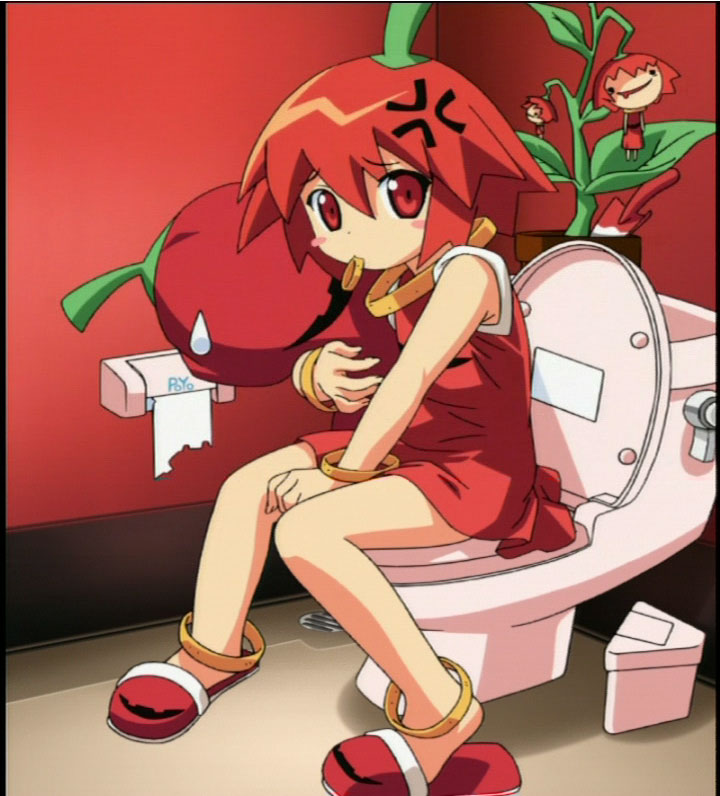 habanero-tan, netrunmon, anime screenshot, 00s, chili pepper, habanero pepper, red eyes, red hair, solo, toilet, trash can