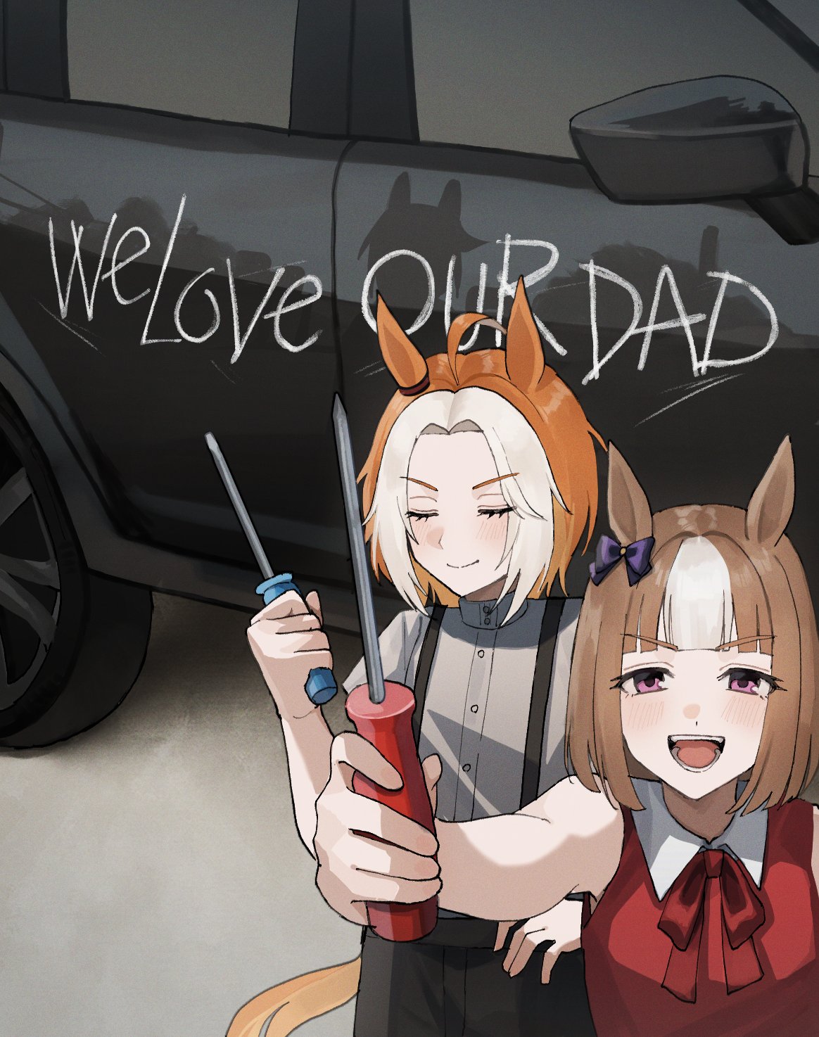 himo (user rzgz5877), gold ship (umamusume), orfevre (umamusume), stay gold (umamusume), umamusume, commentary request, highres, 2girls, aged down, alternate hair color, alternate hair length, alternate hairstyle, blunt bangs, bow, bowtie, brown hair, car, casual, closed eyes, cowlick, dress, ear bow, english text, hair intakes, hand on own hip, holding, holding screwdriver, motor vehicle, multiple girls, orange hair, purple bow, purple eyes, red bow, red bowtie, red dress, reflection, screwdriver, short sleeves, siblings, sisters, sleeveless, sleeveless dress, smug, suspenders, white hair