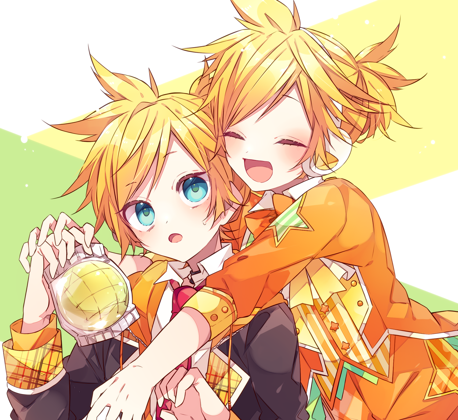 kaho 0102, kagamine len, leo/need len, wonderlands x showtime len, project sekai, vocaloid, commentary request, highres, 2boys, :d, :o, black jacket, blonde hair, blue eyes, blush, bread, closed eyes, collared shirt, food, headset, holding, holding food, hug, hug from behind, jacket, long sleeves, male focus, melon bread, multiple boys, necktie, open clothes, open jacket, open mouth, orange jacket, orange vest, parted bangs, red necktie, shirt, short hair, smile, upper body, vest, white shirt