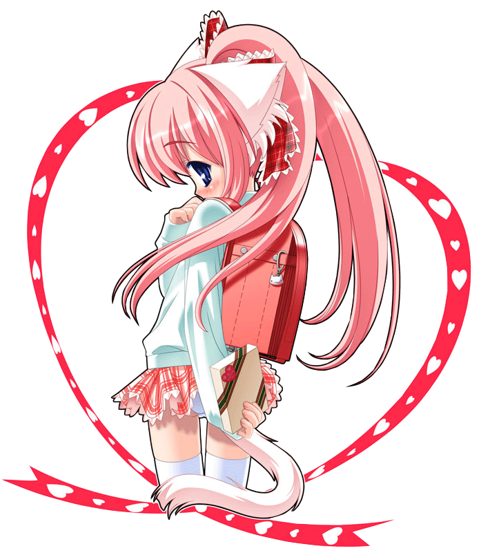 suzu kazumi, 1girl, animal ears, back, backpack, bag, blue eyes, blush, bow, cat ears, chocolate, female focus, hair bow, long hair, long sleeves, looking back, miniskirt, panties, pantyshot, pink hair, plaid clothes, plaid skirt, randoseru, skirt, solo, standing, sweater, thigh gap, thighhighs, thighs, transparent background, twintails, underwear, upskirt, white panties, white thighhighs