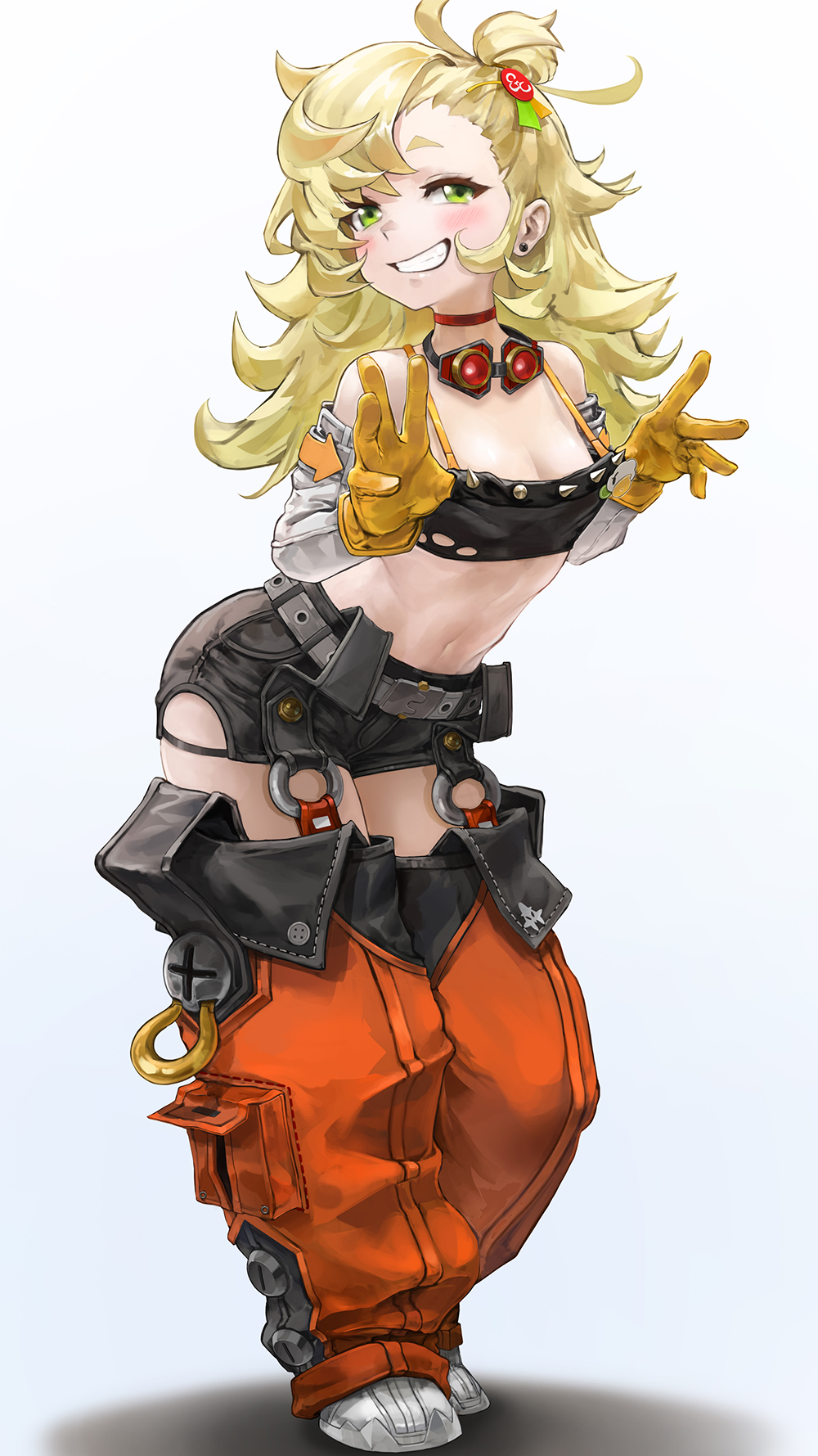 sterben, piper wheel, zenless zone zero, commentary request, highres, 1girl, black camisole, black shorts, blonde hair, blush, breasts, camisole, choker, cleavage, crop top, detached pants, full body, gloves, goggles, goggles around neck, green eyes, grin, hair bun, leaning forward, long hair, looking at viewer, messy hair, navel, orange pants, pants, red choker, shoes, short shorts, shorts, simple background, single side bun, small breasts, smile, solo, standing, stomach, teeth, white background, white shoes, yellow gloves