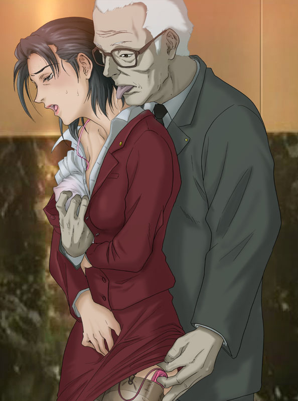 kayabuki, meguro fukuzou, chief cabinet secretary takakura, kayabuki yoko, kayabuki youko, ghost in the shell, ghost in the shell: stand alone complex, 00s, 1boy, 1girl, age difference, black hair, bra, breasts, business suit, clothes lift, covered erect nipples, crotch grab, discreet vibrator, formal clothes, glasses, groping, hetero, jacket, licking, lingerie, lipstick, makeup, medium breasts, old, old man, open mouth, pencil skirt, sex toy, short hair, skirt, skirt lift, skirt suit, suit, sweat, thighhighs, tongue, underwear, vibrator, vibrator in thighhighs, white hair
