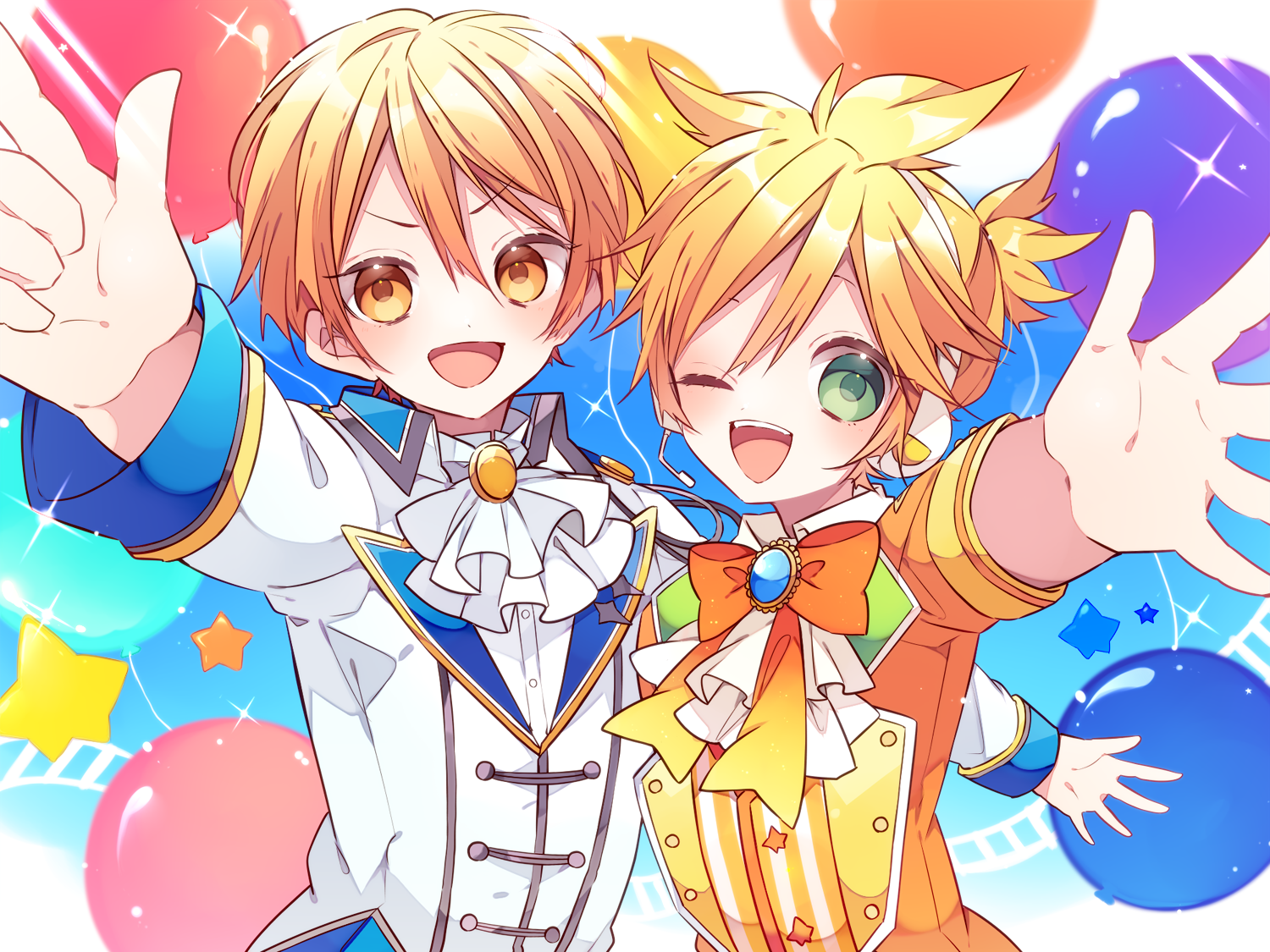 kaho 0102, kagamine len, tenma tsukasa, wonderlands x showtime len, project sekai, vocaloid, commentary request, 2boys, ;d, ascot, blonde hair, blush, bow, bowtie, double-parted bangs, green eyes, hair between eyes, jacket, long sleeves, looking at viewer, male focus, multiple boys, one eye closed, open mouth, orange bow, orange bowtie, orange eyes, orange hair, orange jacket, outstretched arm, short hair, smile, upper body, white ascot, white jacket