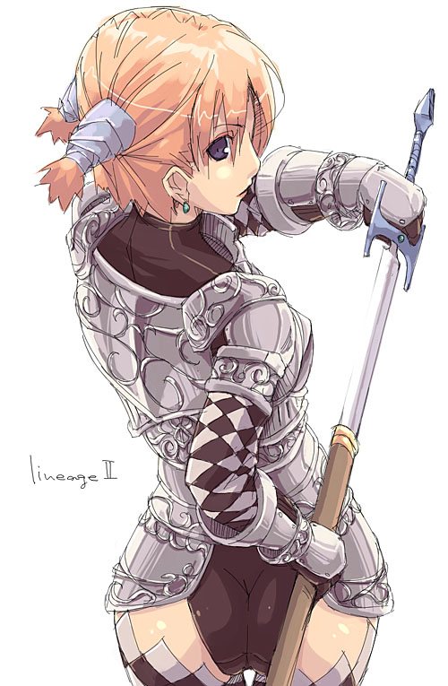 kyo (kuroichigo), human (lineage 2), lineage, lineage 2, 1girl, armor, ass, black panties, blue eyes, copyright name, earrings, female focus, from behind, gauntlets, holding, holding sheath, holding sword, holding weapon, jewelry, left-handed, looking back, orange hair, panties, profile, scabbard, sheath, short hair, short twintails, simple background, skin tight, solo, sword, thighhighs, twintails, underwear, unsheathing, weapon, white background