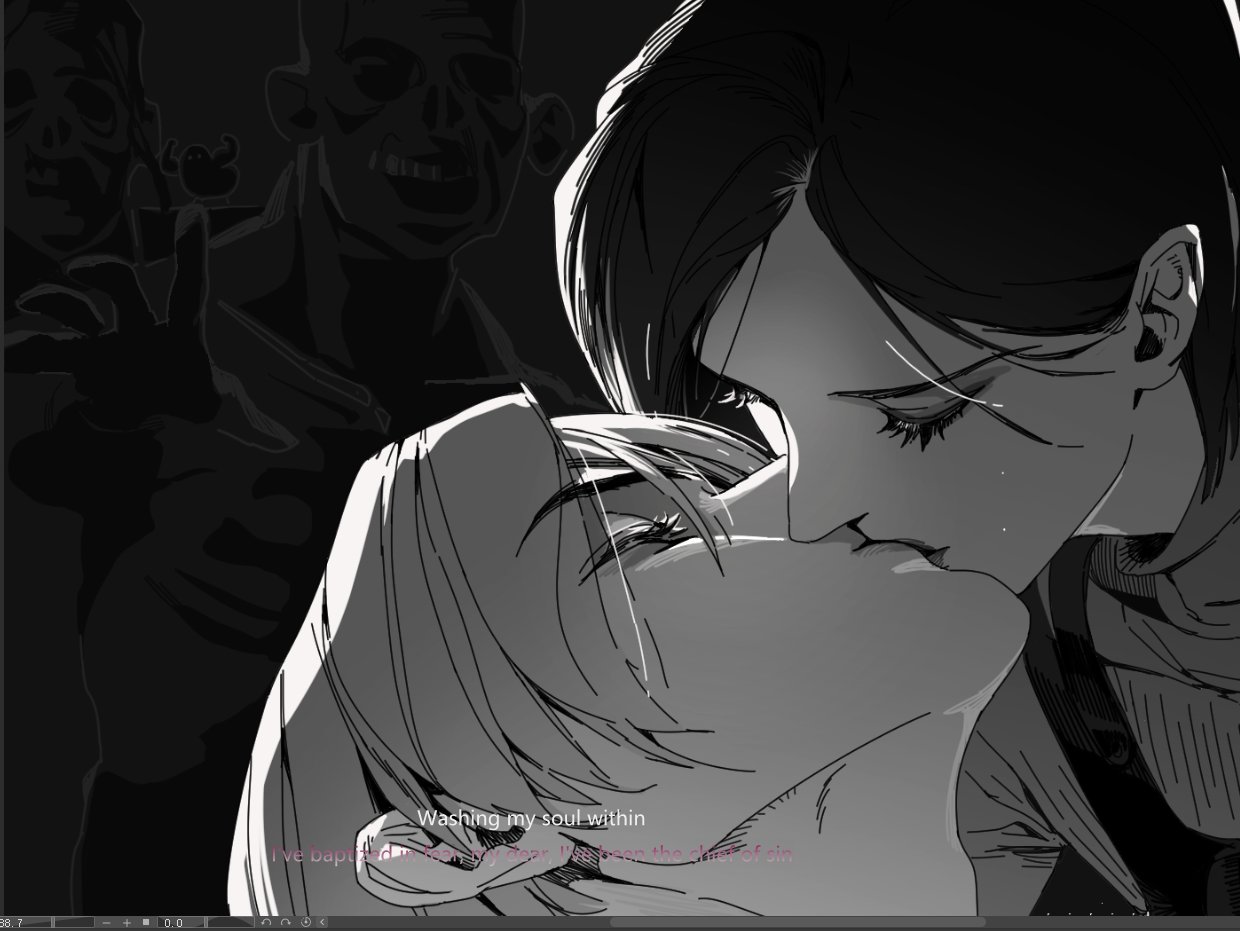 peanut9021, ada wong, leon s. kennedy, resident evil, resident evil 4, 1boy, 1girl, black background, black hair, chest harness, closed eyes, couple, english text, greyscale, hair between eyes, harness, hetero, kiss, monochrome, outstretched hand, parted bangs, short hair, sweater, turtleneck, turtleneck sweater, upper body, zombie