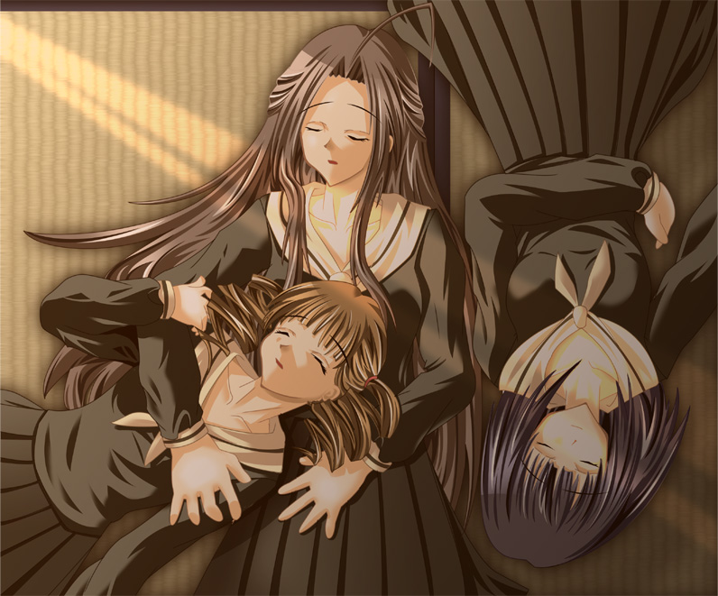 hosokawa kanako, matsudaira touko, nijou noriko, maria-sama ga miteru, body pile, 00s, 3girls, bad anatomy, monochrome, multiple girls, muted color, poorly drawn, sleeping