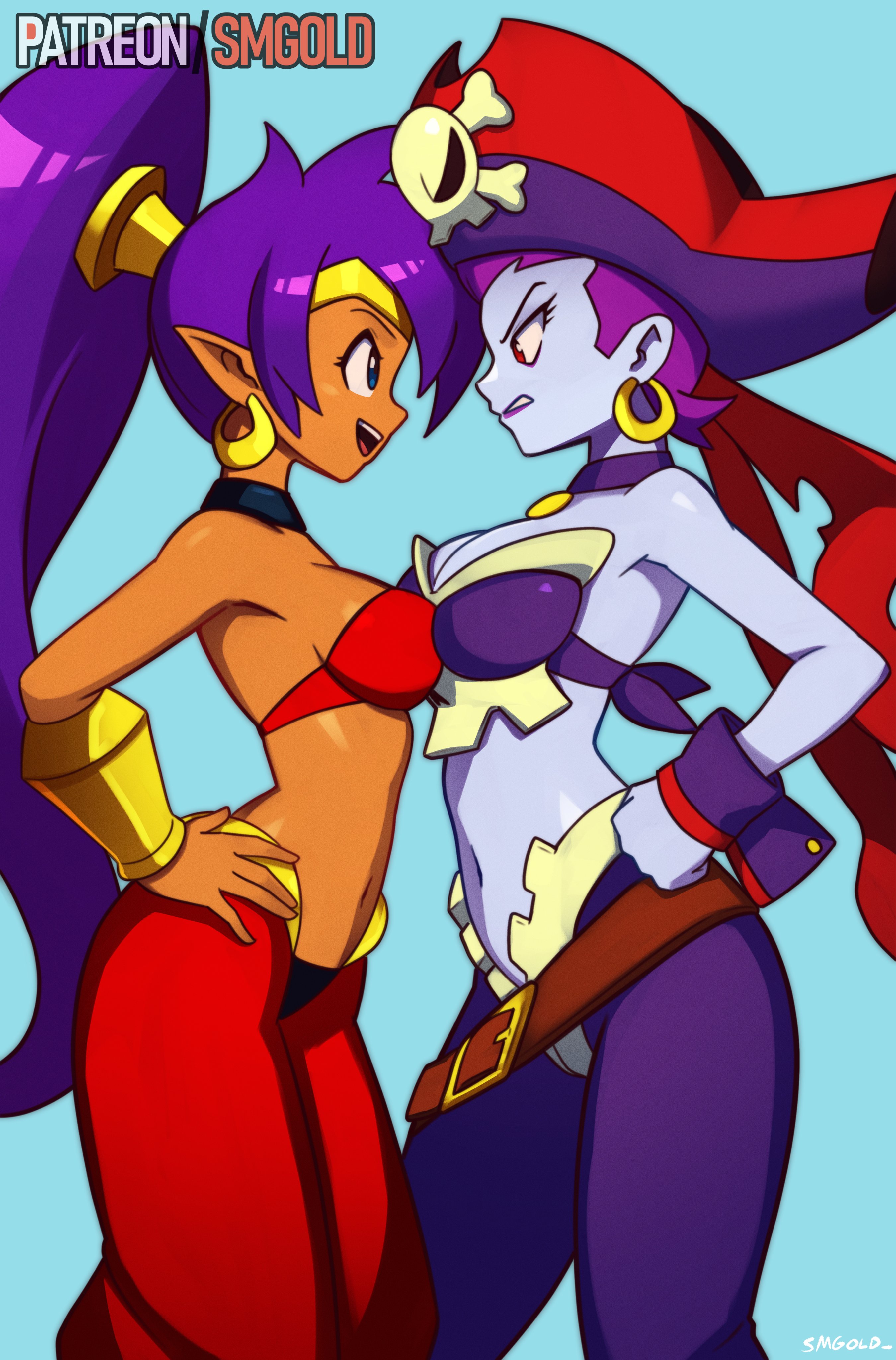 smgold, risky boots, shantae, shantae (series), absurdres, highres, 2girls, arabian clothes, asymmetrical docking, bandeau, belt, bracer, breast press, clenched teeth, colored skin, dark-skinned female, dark skin, earrings, eye contact, glaring, harem pants, hat, hoop earrings, jewelry, looking at another, loose belt, multiple girls, pants, pirate hat, pointy ears, ponytail, purple skin, red eyes, skull earrings, smile, teeth, wrist cuffs