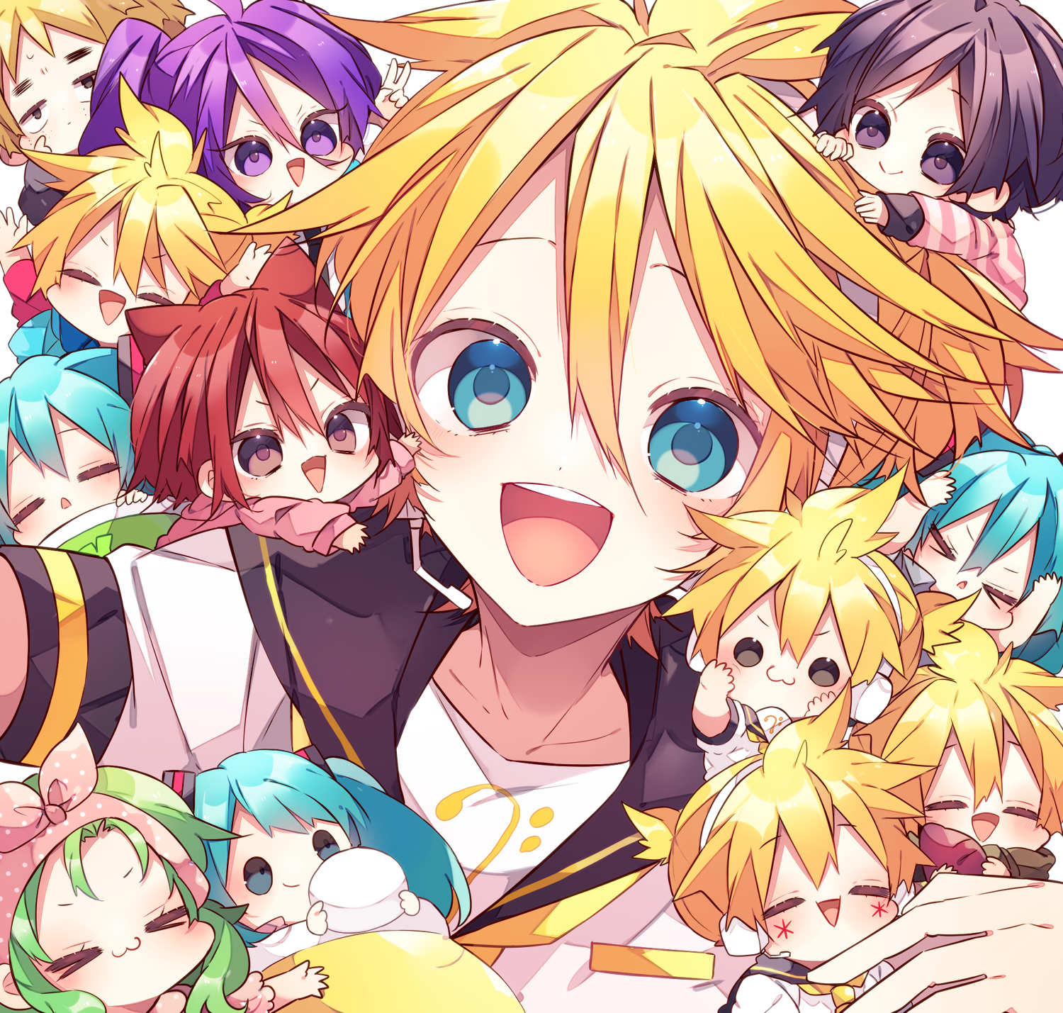 kaho 0102, gumi, hatsune miku, kagamine len, kamui gakupo, vocaloid, character request, commentary request, highres, > <, 6+boys, 6+girls, :3, :d, animal ears, bass clef, black sailor collar, blonde hair, blue eyes, blue hair, blush, brown eyes, brown hair, chibi, closed eyes, closed mouth, double-parted bangs, green hair, hair between eyes, headset, long hair, looking at viewer, mini person, miniboy, minigirl, multiple boys, multiple girls, multiple persona, necktie, open mouth, purple hair, red hair, sailor collar, shirt, short hair, short sleeves, smile, twintails, white shirt, x3, yellow necktie