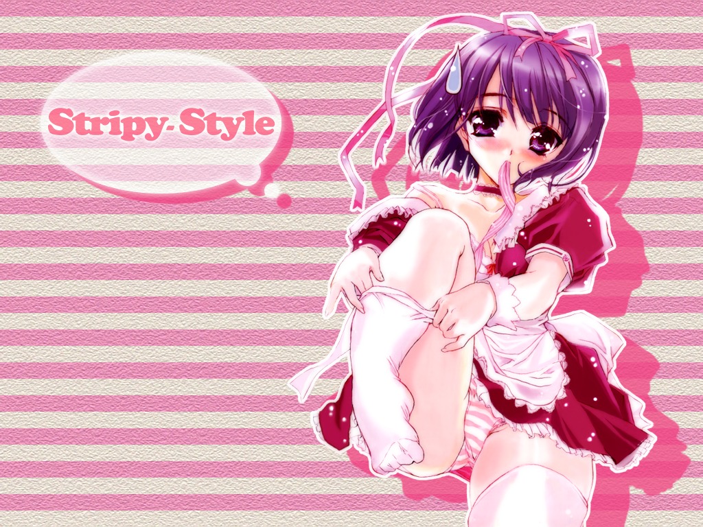 shaa, 1girl, blush, choker, dress, embarrassed, feet, female focus, frills, hair ribbon, lace, lace-trimmed panties, lace trim, leg lift, maid, mouth hold, panties, pantyshot, pink panties, purple eyes, purple hair, ribbon, shadow, short hair, sitting, solo, strap slip, striped clothes, striped panties, sweatdrop, thighhighs, underwear, undressing, white thighhighs