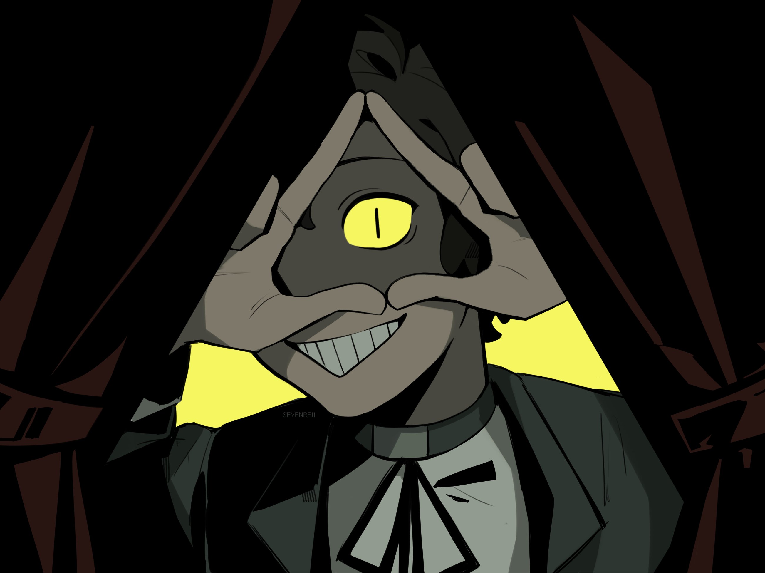 sevenreii, bill cipher, bipper, dipper pines, gravity falls, commentary, english commentary, highres, 1boy, black eyes, black hair, black jacket, black ribbon, choker, colored sclera, curtains, formal clothes, grey choker, hair over one eye, hands up, jacket, lapels, looking at viewer, male focus, neck ribbon, open clothes, open jacket, ribbon, shirt, short hair, simple background, smile, solo, suit, suit jacket, teeth, white shirt, yellow background, yellow sclera, | |