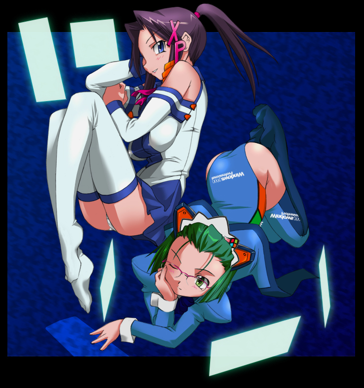 futsuu no hito, 2k-tan, xp-tan, microsoft windows, os-tan, windows 2000, windows classic, white legwear, bad id, 2girls, all fours, arm support, ass, bad anatomy, bare shoulders, blue eyes, blue skirt, blush, breasts, brown hair, fetal position, glasses, green eyes, green hair, hair intakes, hair ornament, hairclip, head rest, impossible clothes, impossible shirt, large breasts, leotard, logo, long hair, long legs, long sleeves, looking at viewer, lying, maid headdress, matching hair/eyes, miniskirt, multiple girls, one-piece swimsuit, one eye closed, panties, pantyshot, ponytail, puffy sleeves, pun, purple hair, reclining, sailor collar, school uniform, serafuku, shirt, short hair, sidelocks, sitting, skirt, smile, swimsuit, swimsuit under clothes, thighhighs, top-down bottom-up, underwear, white panties, wink, zettai ryouiki