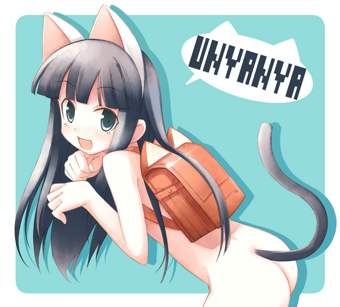 murata mine, hazuki (tsukuyomi), tsukuyomi moonphase, 00s, 1girl, animal ears, backpack, bag, cat ears, fang, female focus, loli, nyan, paw pose, randoseru, romaji text, solo