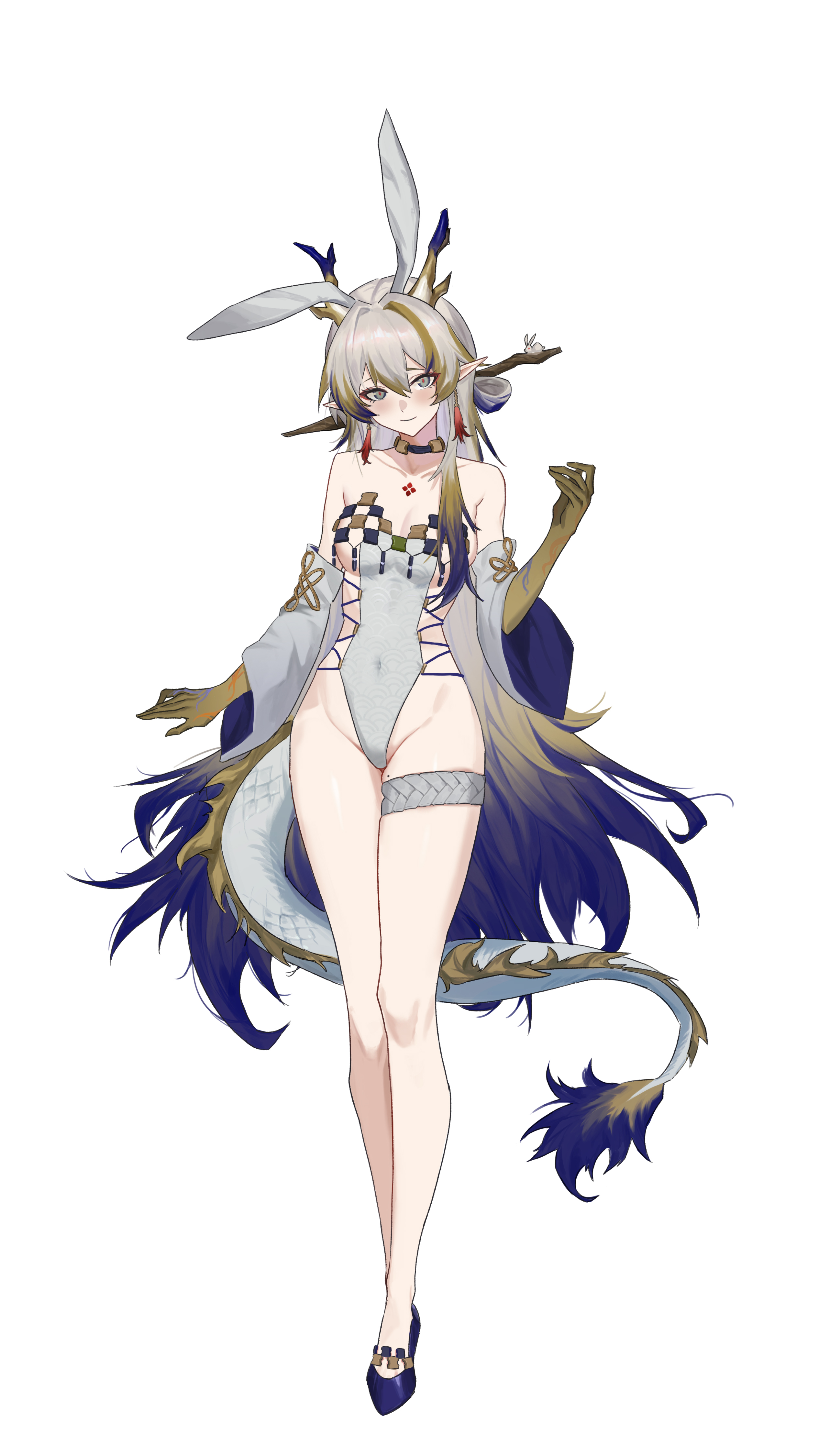 cola-alter, shu (arknights), arknights, absurdres, commentary request, highres, 1girl, adapted costume, animal ears, blonde hair, blue hair, blue shoes, blush, breasts, covered navel, crossed legs, detached sleeves, dragon girl, dragon tail, eastern dragon horns, eastern dragon tail, fake animal ears, full body, gradient hair, grey eyes, grey hair, highleg, highleg leotard, leotard, long hair, looking at viewer, multicolored hair, playboy bunny, pointy ears, rabbit ears, shoes, simple background, small breasts, solo, standing, tachi-e, tail, very long hair, watson cross, white background, white leotard