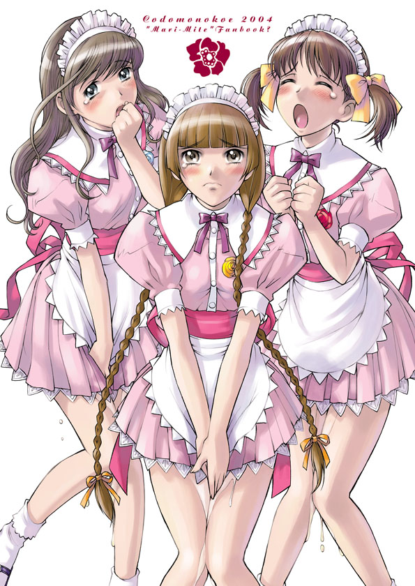 sameha ikuya, fukuzawa yumi, shimazu yoshino, toudou shimako, maria-sama ga miteru, 00s, 3girls, apron, bow, braid, closed eyes, loose socks, maid apron, maid headdress, multiple girls, open mouth, pee, peeing, peeing self, skirt, socks, tears, twin braids, twintails, waitress