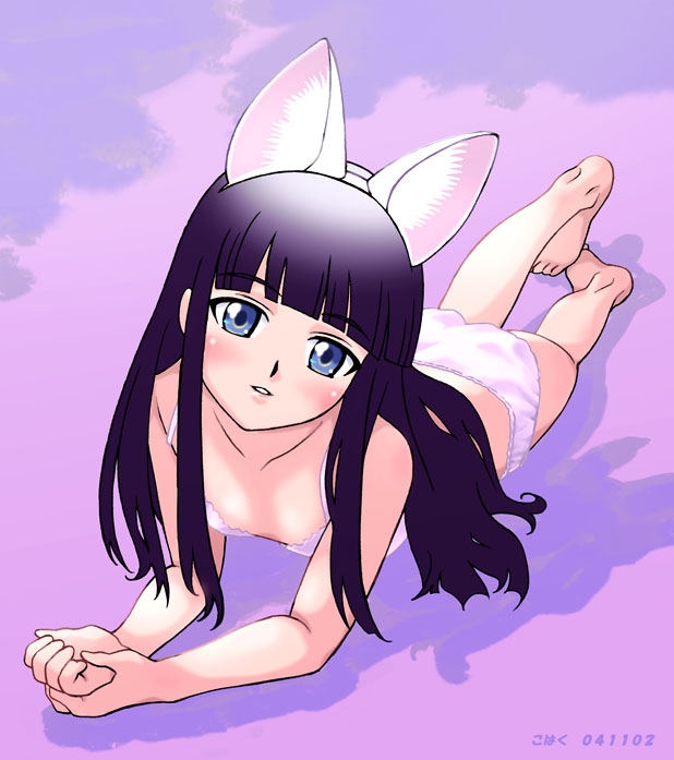 hazuki (tsukuyomi), tsukuyomi moonphase, 00s, 1girl, animal ears, barefoot, blunt bangs, cat ears, feet, female focus, loli, solo, thighs, toes, underwear, underwear only