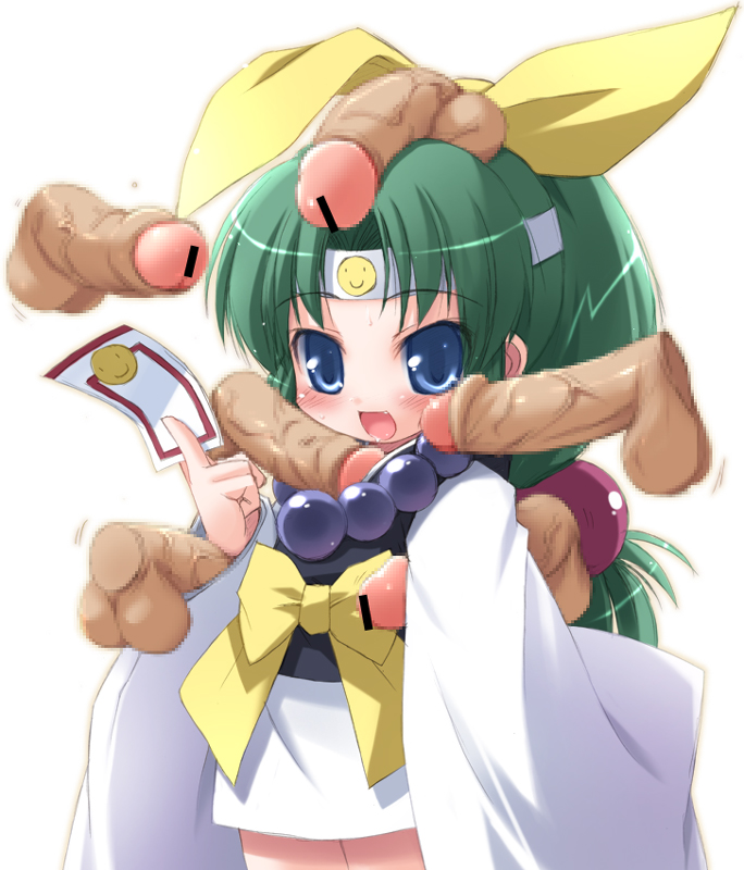 haga yui, miyabi, miyabi (ninin ga shinobuden), ninin ga shinobuden, 00s, 1girl, 6+boys, blunt bangs, censored, disembodied penis, erection, foreskin, gangbang, green hair, group sex, hairband, headband, hetero, hime cut, loli, long hair, mosaic censoring, multiple boys, penis, penis on head, sex, smiley face, solo, solo focus, surrounded by penises, testicles, testicles on head
