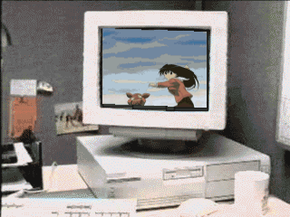 sakaki (azumanga daioh), azumanga daiou, animated, animated gif, lowres, 1girl, baseball, black eyes, black hair, computer, computer keyboard, explosion, female focus, long hair, monitor, qvga, school uniform, serafuku, snowball, solo, throwing