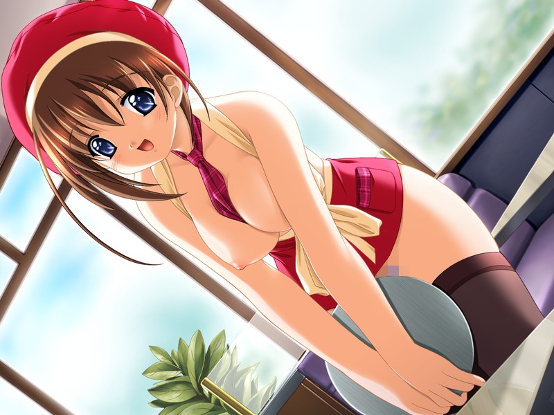 iwasaki kouji, mashita misao, tanjoubi, plaid neckwear, game cg, 1girl, :d, apron, beret, between breasts, black thighhighs, blue eyes, blush, breasts, breasts out, breasts squeezed together, brown hair, censored, clothes between breasts, cloud, day, dutch angle, female focus, hat, indoors, large breasts, leaning forward, long hair, medium breasts, mosaic censoring, naked apron, necktie, necktie between breasts, nipples, no bra, no panties, open mouth, plaid clothes, plaid necktie, plant, pussy, red necktie, restaurant, short hair, sky, smile, solo, standing, thigh gap, thighhighs, thighs, tray, waist apron, waitress, window