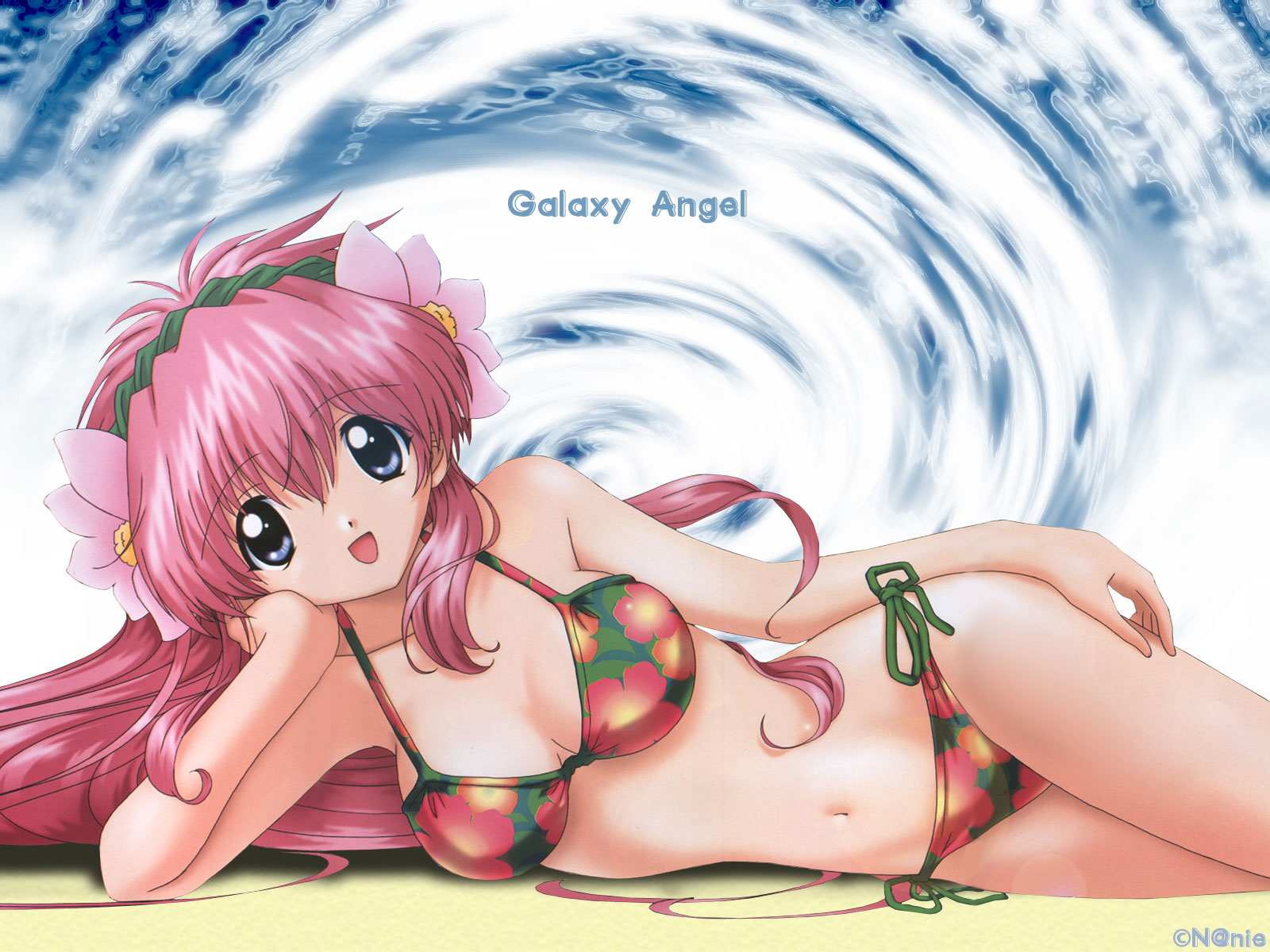 hagiya yasunari, milfeulle sakuraba, broccoli (company), galaxy angel, highres, 00s, 1girl, abstract background, bikini, blue eyes, breasts, copyright name, female focus, flower, hair flower, hair ornament, large breasts, long hair, looking at viewer, lying, on side, open mouth, pink hair, side-tie bikini bottom, smile, solo, string bikini, swimsuit