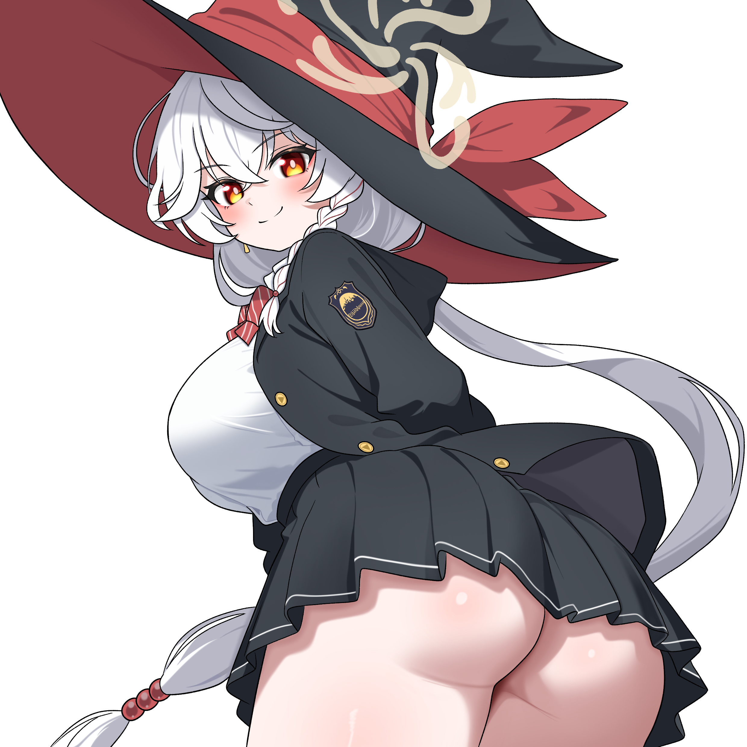 eri (blue archive), blue archive, abcd1234 02, arms behind back, ass, blush, bow, bowtie, braid, breasts, halo, hat, jacket, large breasts, long coat, long hair, looking at viewer, orange eyes, shirt, skirt, sweater, thighs, white hair, witch hat