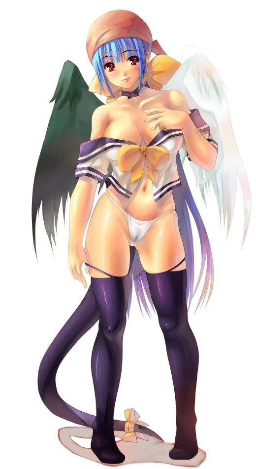 akamaru, dizzy (guilty gear), arc system works, guilty gear, 1girl, asymmetrical wings, bandana, bare shoulders, black thighhighs, blue hair, blue sailor collar, blush, bow, breasts, choker, cleavage, female focus, hair bow, hair ribbon, highleg, highleg panties, large breasts, long hair, midriff, navel, no bra, no pants, panties, pirate, red eyes, ribbon, sailor collar, school uniform, serafuku, smile, solo, standing, tail, tail bow, tail ornament, tail ribbon, thighhighs, underwear, very long hair, white panties, wings