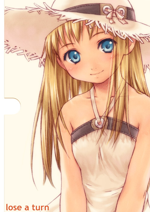 inou shin, original, 1girl, blonde hair, blue eyes, dress, female focus, halter dress, halterneck, hat, simple background, smile, solo, straw hat, white hat