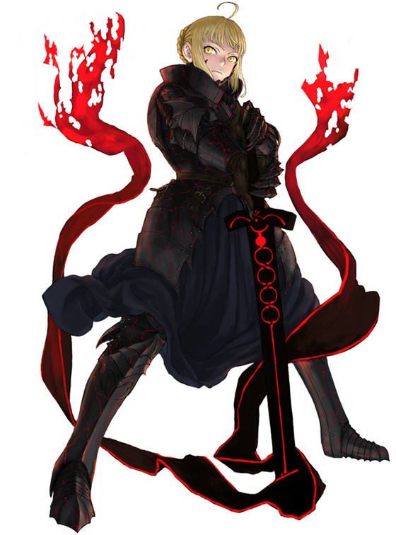 shinn (wilderness adventure), artoria pendragon (fate), saber (fate), saber alter, saber alter (second ascension), fate/stay night, fate (series), spoilers, 00s, 1girl, ahoge, armor, armored dress, blonde hair, braid, dress, excalibur (fate/stay night), excalibur morgan (fate), facial mark, female focus, gauntlets, hair bun, hands on hilt, sidelocks, single hair bun, solo, sword, weapon, yellow eyes