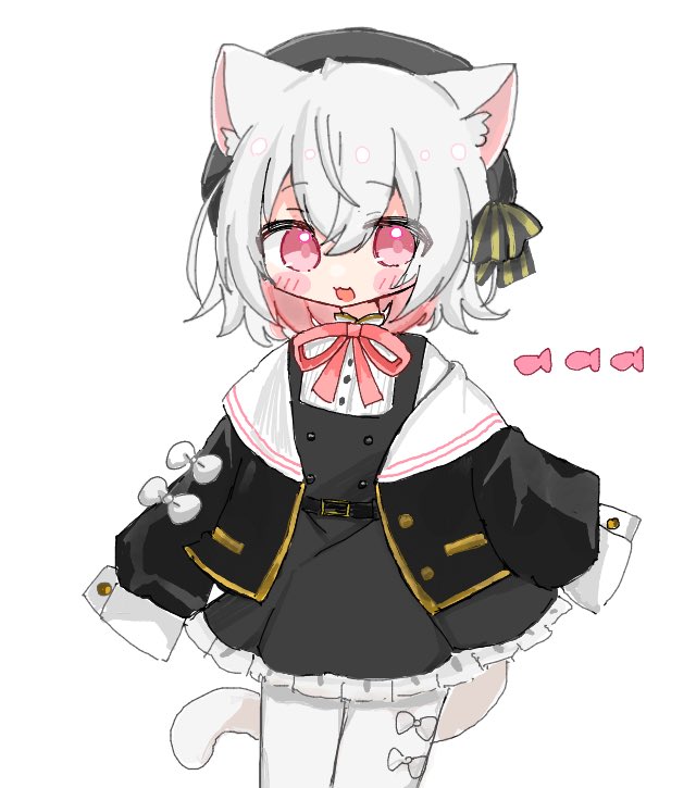 sayo (voicevox), voicevox, commentary request, 1girl, :3, animal ears, beret, black dress, black hat, black jacket, blush, bow, cat ears, cat girl, colored inner hair, cowboy shot, dress, frills, hat, jacket, looking at viewer, multicolored hair, neck ribbon, nemuri (zzz helpme ), open clothes, open jacket, open mouth, pinafore dress, pink eyes, pink hair, pink ribbon, ribbon, shirt, sleeveless, sleeveless dress, solo, tail, two-tone hair, white bow, white hair, white shirt