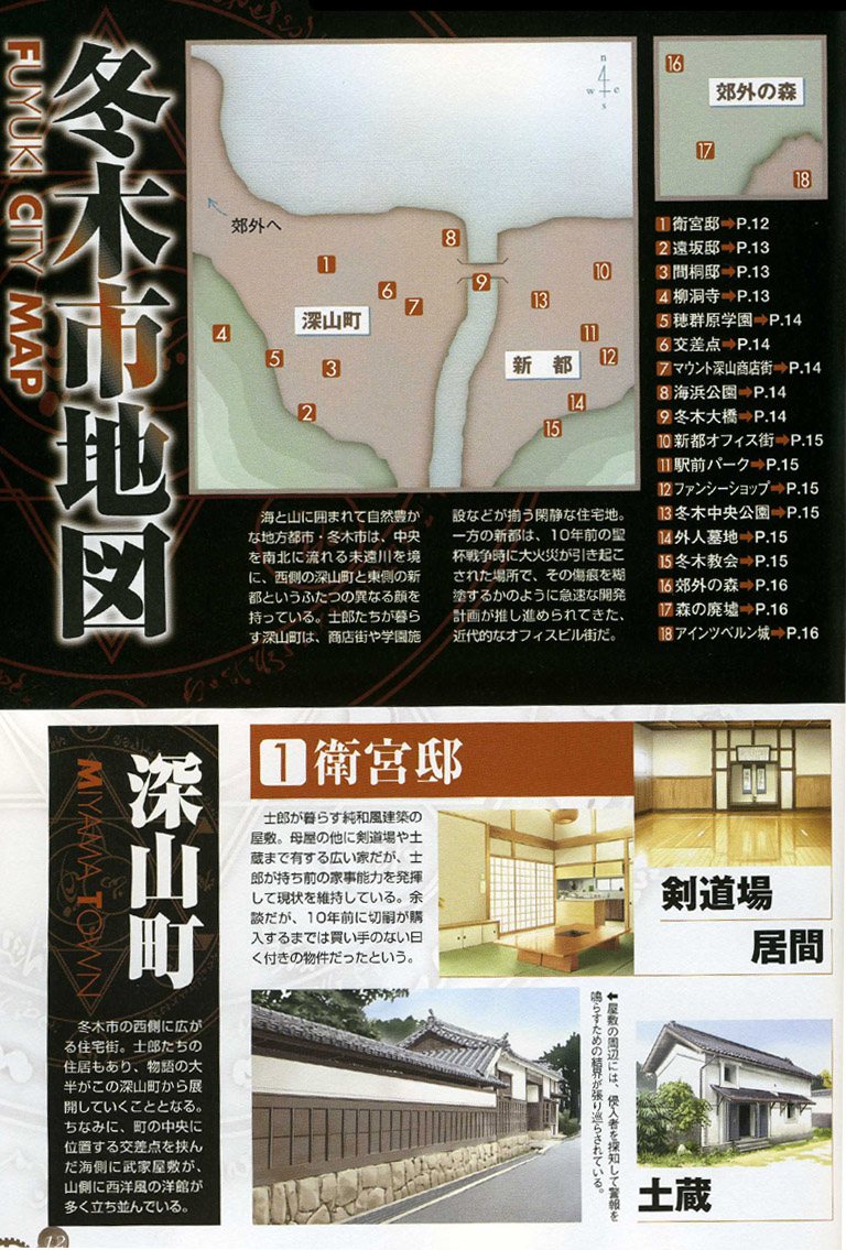 takeuchi takashi, fate/stay night, fate (series), techgian, scan, 00s, architecture, east asian architecture, magazine (object), map, map (medium), no humans, text focus, tile roof