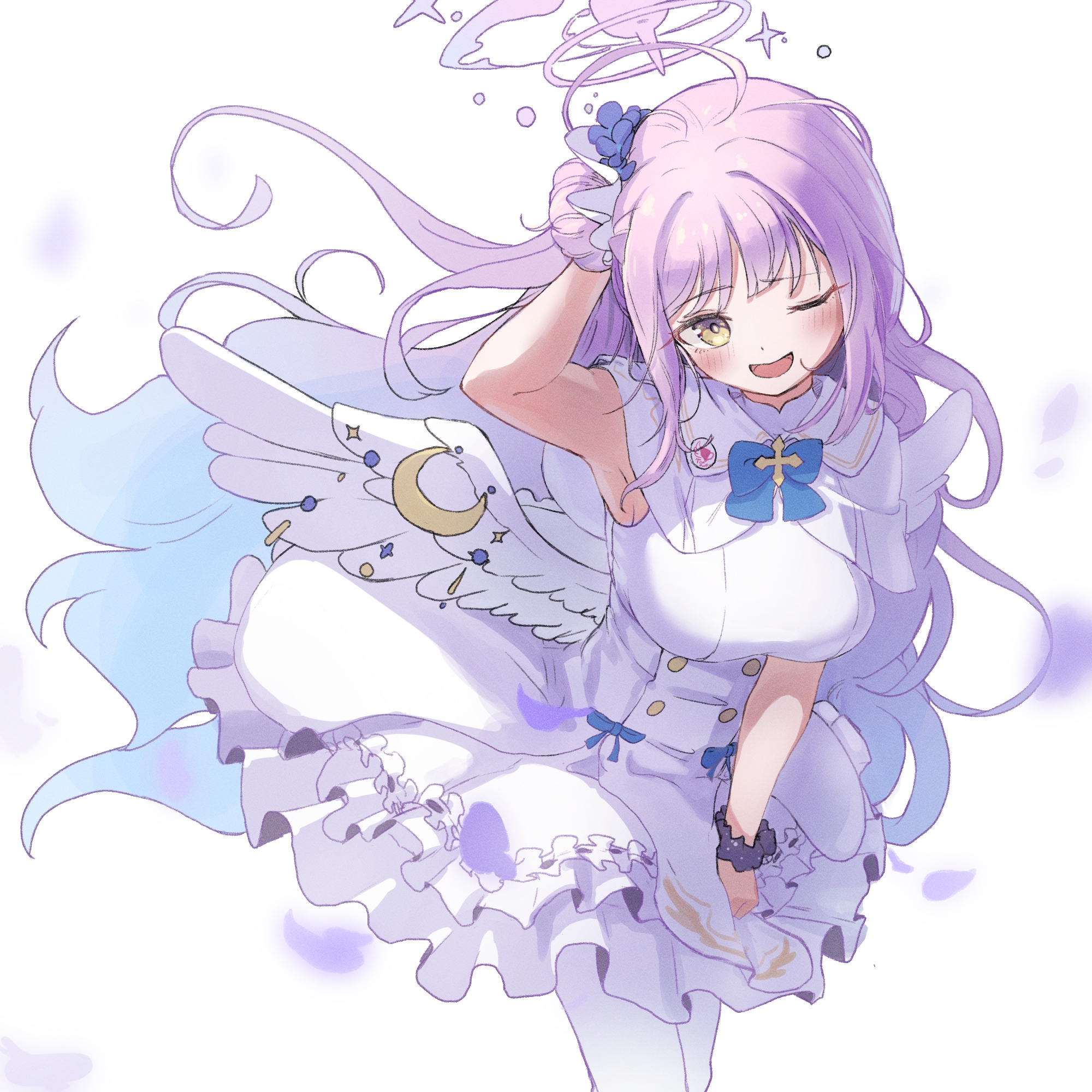 yasananasay, mika (blue archive), blue archive, highres, 1girl, angel wings, aqua hair, arm up, armpits, blue bow, blue bowtie, bow, bowtie, breasts, buttons, capelet, double-breasted, dress, feathered wings, frilled dress, frills, gradient hair, hair bun, halo, high-waist skirt, high heels, long hair, low wings, medium breasts, medium dress, multicolored hair, one eye closed, open mouth, pantyhose, pink hair, pink halo, pumps, scrunchie, simple background, single hair bun, single side bun, skirt, sleeveless, sleeveless dress, smile, solo, very long hair, white background, white capelet, white dress, white pantyhose, white skirt, white wings, wing ornament, wings, wrist scrunchie