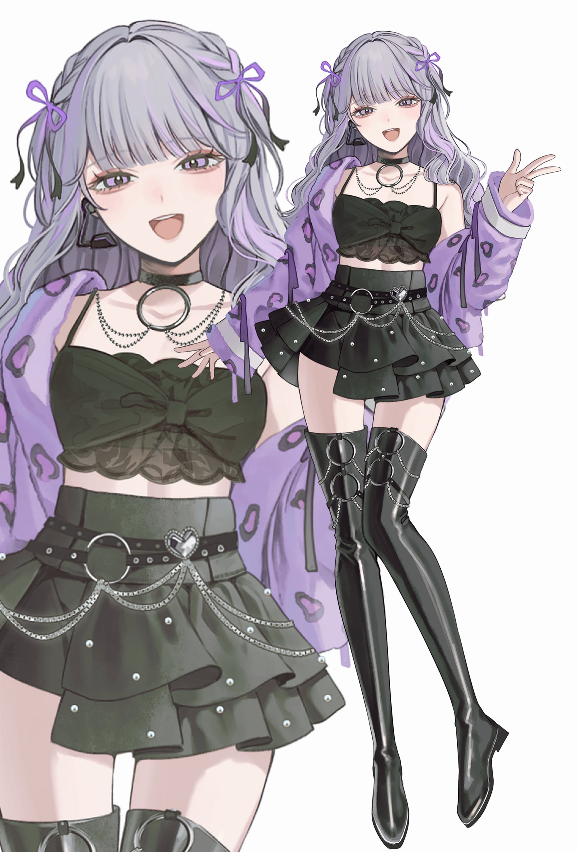 daimaou ruaeru, original, absurdres, commentary, highres, 1girl, black boots, black camisole, black choker, black skirt, blunt bangs, boots, braid, camisole, chain, choker, crop top, frilled skirt, frills, full body, grey hair, hair ribbon, headset, jacket, light blush, long hair, looking at viewer, open clothes, open jacket, open mouth, purple eyes, purple jacket, purple ribbon, ribbon, simple background, skirt, solo, spaghetti strap, tachi-e, teeth, thigh boots, thighhighs, upper teeth only, w, white background, zettai ryouiki, zoom layer