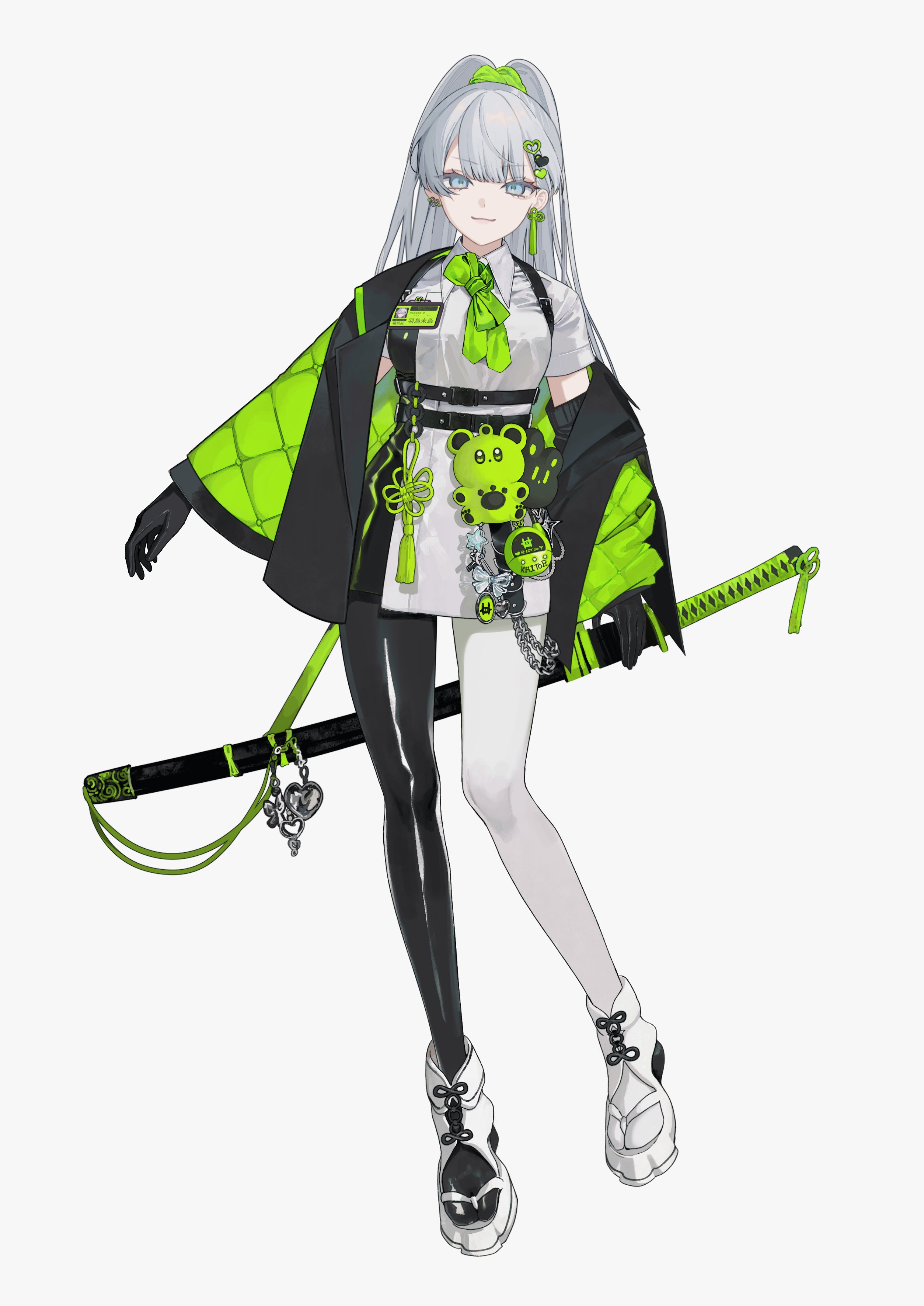 daimaou ruaeru, original, absurdres, commentary request, highres, 1girl, animal charm, asymmetrical legwear, belt, black gloves, black pantyhose, blue hair, charm (object), closed mouth, earrings, flip-flops, full body, gloves, green belt, green necktie, green scrunchie, grey hair, hair ornament, hair scrunchie, harpy, heart, heart hair ornament, high ponytail, holding, holding behind back, id card, jewelry, long hair, mismatched earrings, mismatched legwear, monster girl, necktie, off shoulder, pantyhose, ponytail, sandals, scrunchie, sheath, sheathed, shoulder strap, simple background, solo, split ponytail, tachi-e, tassel, tassel earrings, toe socks, virtual pet (toy), white background, white pantyhose