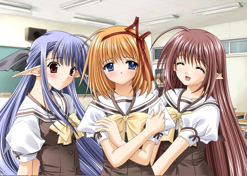 nishimata aoi, suzuhira hiro, fuyou kaede, lisianthus, nerine, shuffle!, game cg, official art, 00s, 3girls, blue eyes, blue hair, blush, brown hair, half updo, multiple girls, pointy ears, red eyes, school uniform, serafuku, short hair