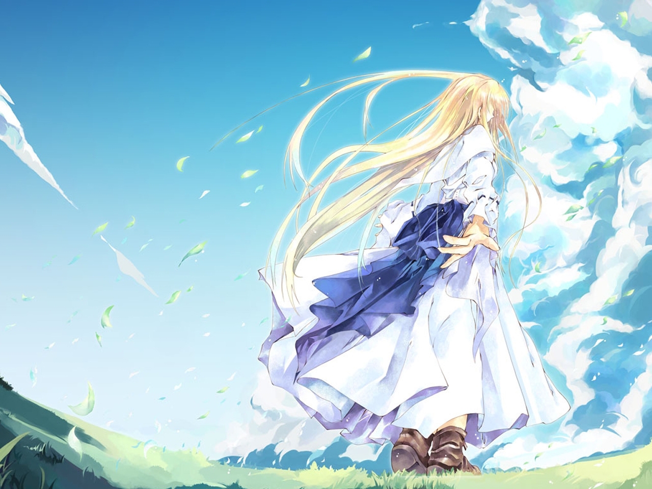 sumi keiichi, original, duplicate, jpeg artifacts, 1girl, blonde hair, boots, brown boots, cloud, day, female focus, grass, long hair, sky, solo