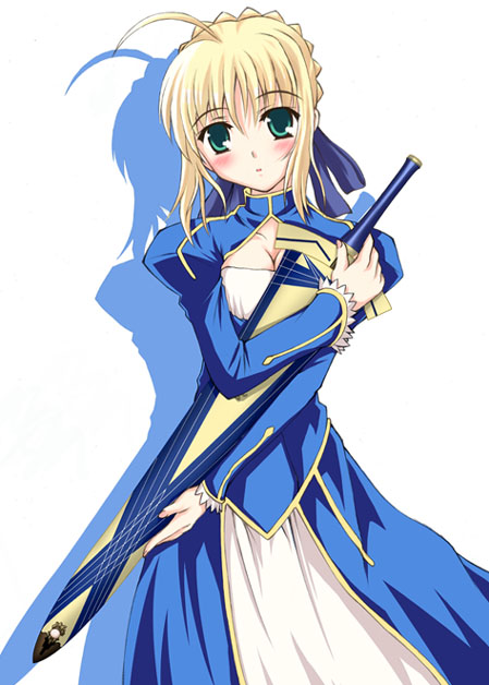 yatsuka, artoria pendragon (fate), avalon (fate), saber (fate), fate/stay night, fate (series), 00s, 1girl, ahoge, blonde hair, dress, excalibur (fate/stay night), female focus, green eyes, sheath, sheathed, solo, sword, weapon