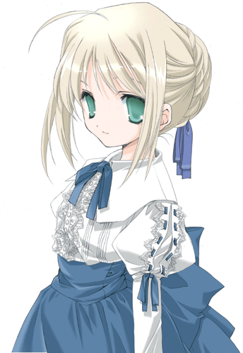 miyashita miki, artoria pendragon (fate), saber (fate), fate/stay night, fate (series), lowres, 00s, 1girl, ahoge, blonde hair, blouse, female focus, green eyes, shirt, simple background, solo, white background