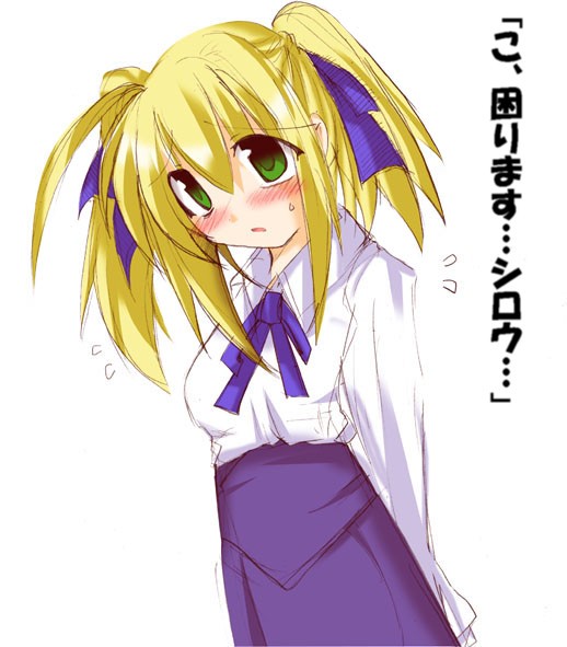 artoria pendragon (fate), saber (fate), fate/stay night, fate (series), 00s, 1girl, alternate hairstyle, bad anatomy, blonde hair, blouse, blush, female focus, green eyes, poorly drawn, shirt, solo, twintails