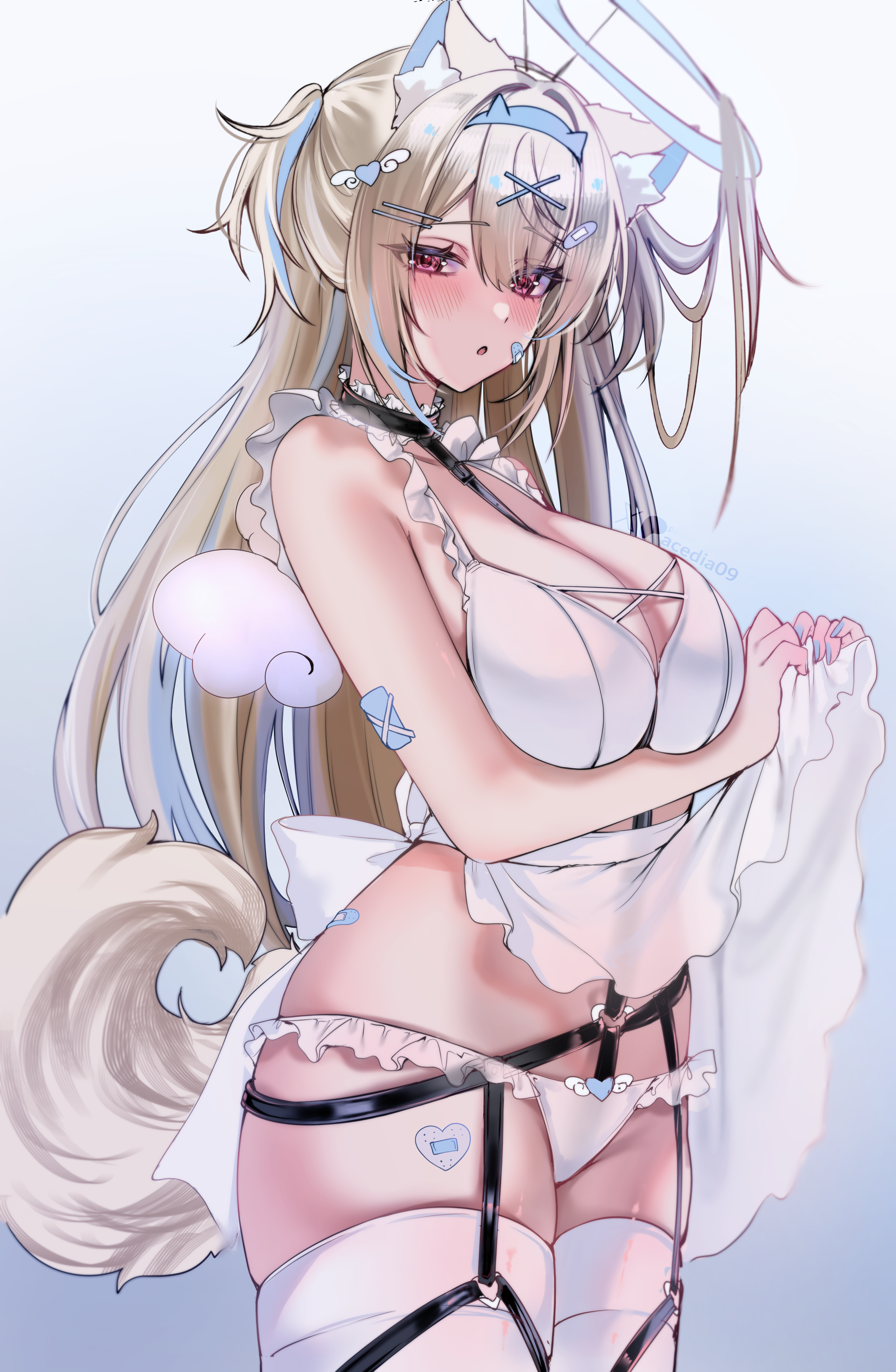 acedia, fuwawa abyssgard, hololive, hololive english, absurdres, highres, 1girl, animal ear fluff, animal ears, bandaid, bandaid hair ornament, blonde hair, blue hair, blue hairband, blush, breasts, cleavage, dog ears, dog girl, dog tail, double-parted bangs, hair between eyes, hair ornament, hairband, hairclip, horn hairband, large breasts, long hair, looking at viewer, multicolored hair, navel, panties, parallel hairclips, pink eyes, simple background, solo, streaked hair, tail, thighhighs, two side up, underwear, virtual youtuber, white panties