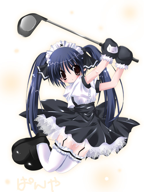 paco, kooh (pangya), pangya, 1girl, black mittens, closed mouth, dot mouth, female focus, frilled thighhighs, frills, fur-trimmed mittens, fur trim, garter belt, garter straps, golf, golf club, mittens, skirt, solo, suspender skirt, suspenders, thighhighs, twintails