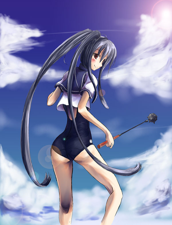 gin'ichi (akacia), ginichi, kooh (pangya), pangya, 1girl, cloud, crop top, day, female focus, mace, no pants, one-piece swimsuit, school swimsuit, school uniform, serafuku, solo, swimsuit, swimsuit under clothes, weapon