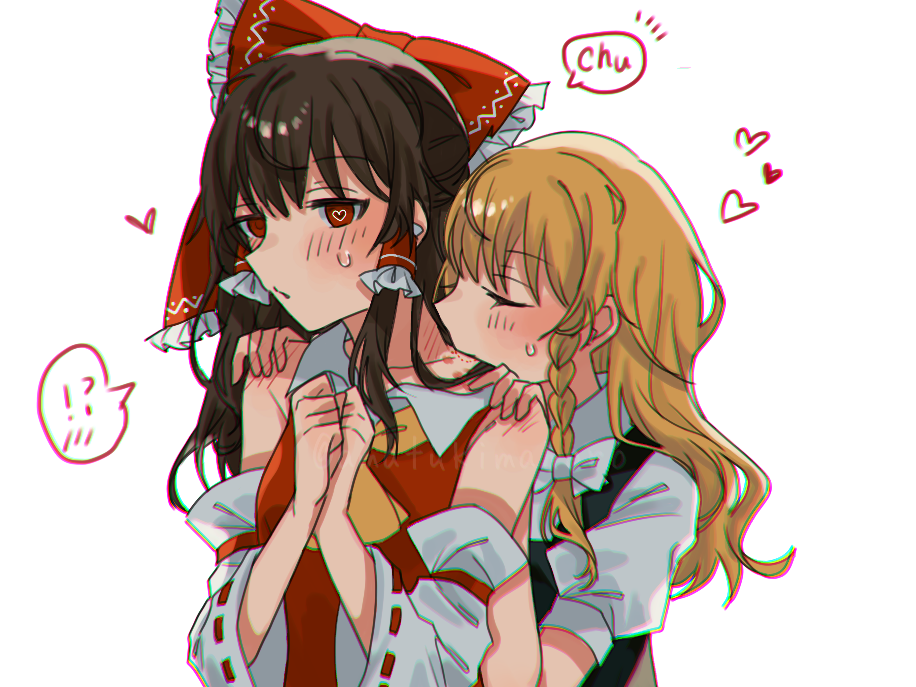 amatukimahoro, hakurei reimu, kirisame marisa, touhou, commentary request, highres, !?, 2girls, ascot, bare shoulders, bite mark, biting shoulder, black vest, blonde hair, bow, braid, brown hair, closed eyes, collarbone, collared shirt, detached sleeves, frilled bow, frilled hair tubes, frills, hair bow, hair tubes, hands on another's shoulders, heart, heart-shaped pupils, long hair, long sleeves, multiple girls, no headwear, puffy short sleeves, puffy sleeves, red bow, red eyes, red shirt, ribbon-trimmed sleeves, ribbon trim, shirt, short sleeves, side braid, simple background, single braid, sleeveless, sleeveless shirt, symbol-shaped pupils, upper body, vest, white background, white bow, white shirt, white sleeves, wide sleeves, yellow ascot, yuri