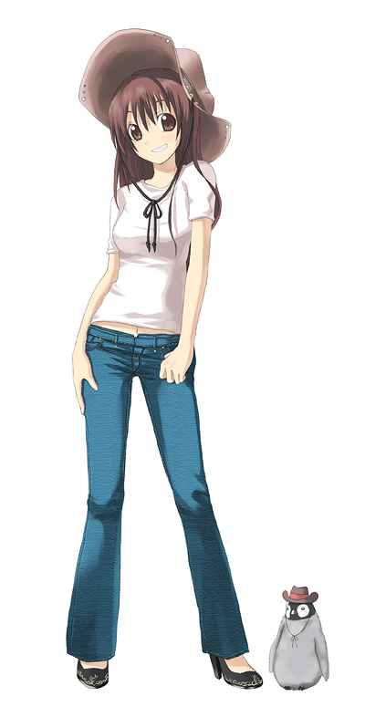 kazuki ren, original, 1girl, animal, bird, brown eyes, brown hair, casual, cowboy hat, cowboy western, denim, female focus, full body, grin, hat, high heels, jeans, midriff, pants, penguin, shoes, smile, solo, standing