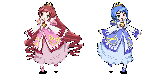 saiguchi otoufu, fine (futagohime), fine (prominence dress up) (futagohime), rein (futagohime), rein (prominence dress up) (futagohime), souseiseki, suiseiseki, fushigiboshi no futago hime, rozen maiden, animated, animated gif, lowres, 2girls, crossover, dancing, full body, heterochromia, multiple girls, parody, red hair, siblings, sisters, transparent background, twins