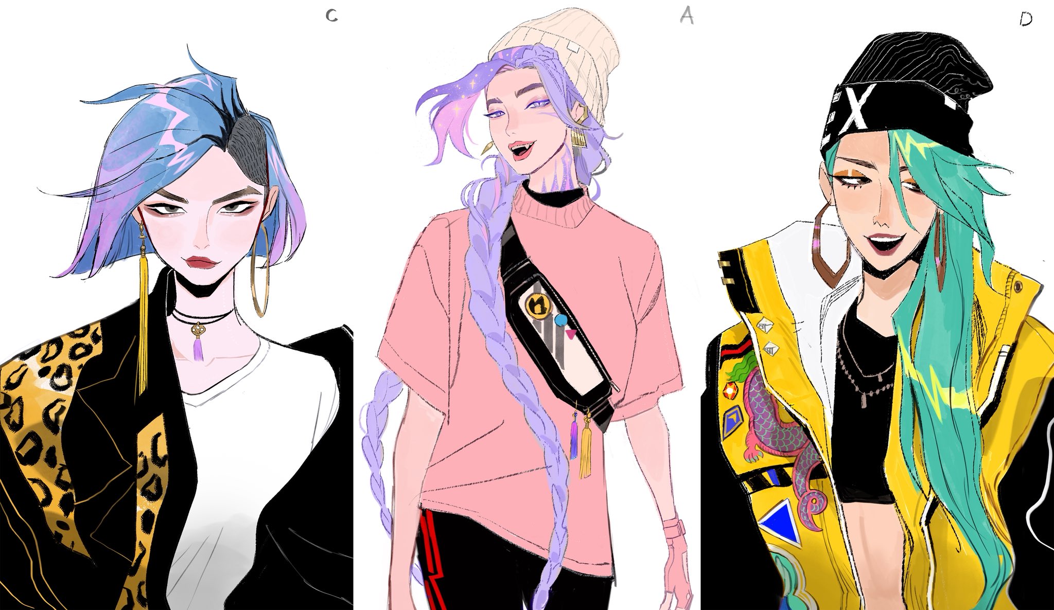 ami thompson, mira (kpop demon hunters), rumi (kpop demon hunters), zoey (kpop demon hunters), kpop demon hunters, highres, 3girls, animal print, bag, beanie, black hat, black jacket, black pants, black shirt, blue hair, body markings, braid, breasts, choker, closed mouth, cowboy shot, crop top, earrings, facial mark, green eyes, hair between eyes, hair over one eye, half-closed eyes, hat, hoop earrings, jacket, jewelry, leopard print, long hair, looking at viewer, medium breasts, multiple girls, multiple necklaces, open mouth, pants, parted bangs, prototype design, purple hair, shirt, short hair, shoulder bag, smile, twin braids, upper body, very long hair, white hair, white hat, white shirt, yellow jacket