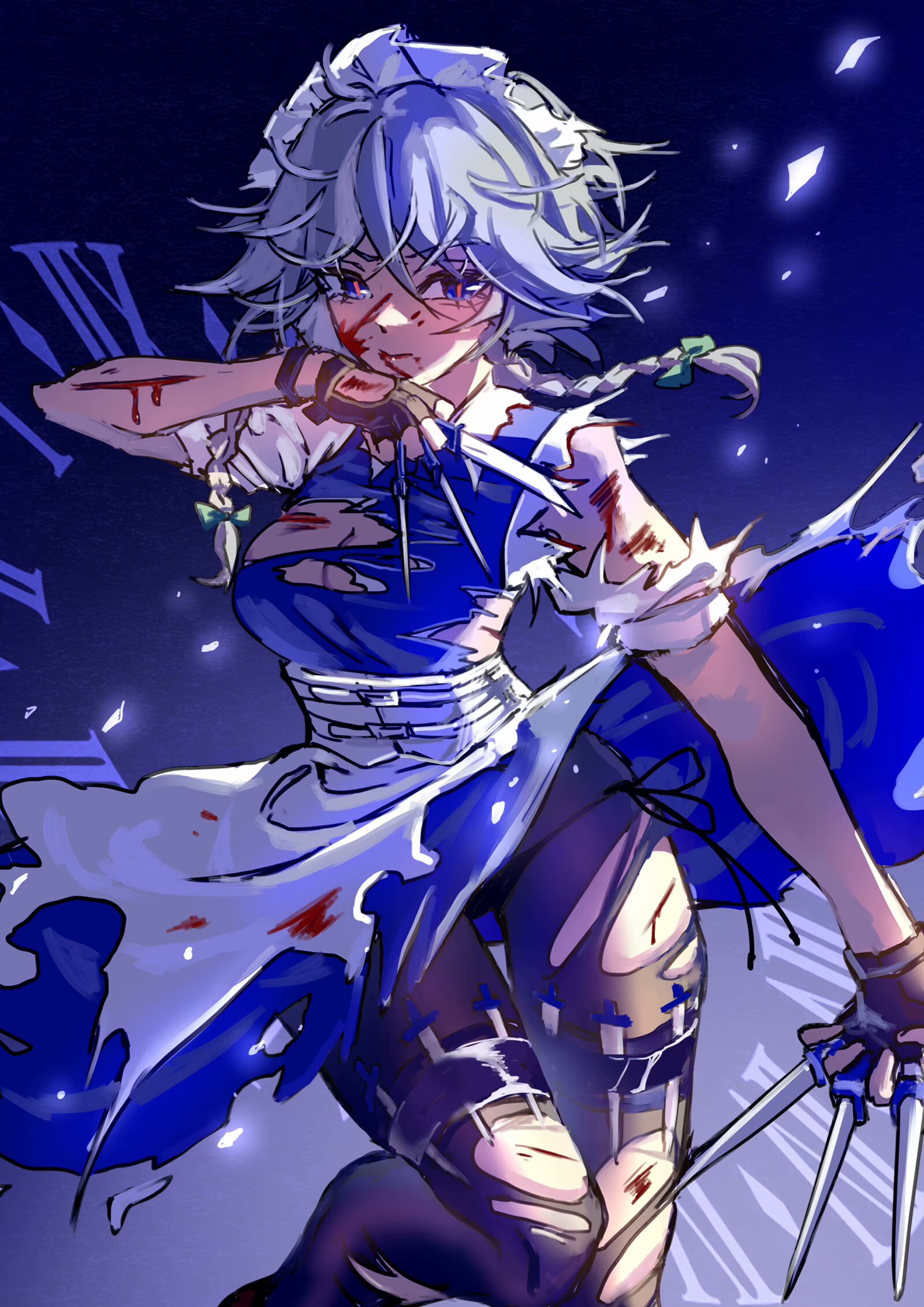 shouxishao jiuyuan, izayoi sakuya, touhou, commentary, highres, 1girl, apron, between fingers, black gloves, bleeding, blood, blood on face, blue dress, bow, braid, breasts, brown pantyhose, cleavage, cuts, dress, fingerless gloves, gloves, green bow, grey hair, hair bow, holding, holding knife, injury, knife, knives between fingers, long hair, maid, maid headdress, pantyhose, roman numeral, solo, torn apron, torn clothes, torn dress, torn pantyhose, twin braids, waist apron, white apron