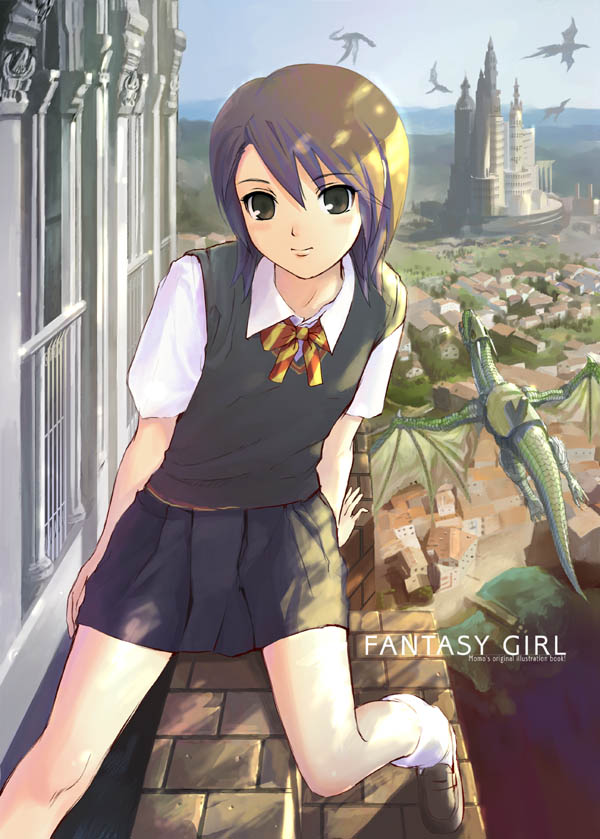 momose hisashi, original, 1girl, black skirt, brown hair, brown shoes, castle, day, dragon, fantasy, female focus, hair between eyes, looking at viewer, outdoors, pleated skirt, ribbon, school uniform, serafuku, shoes, short sleeves, skirt, solo, sweater, sweater vest, town, two-tone ribbon, vest