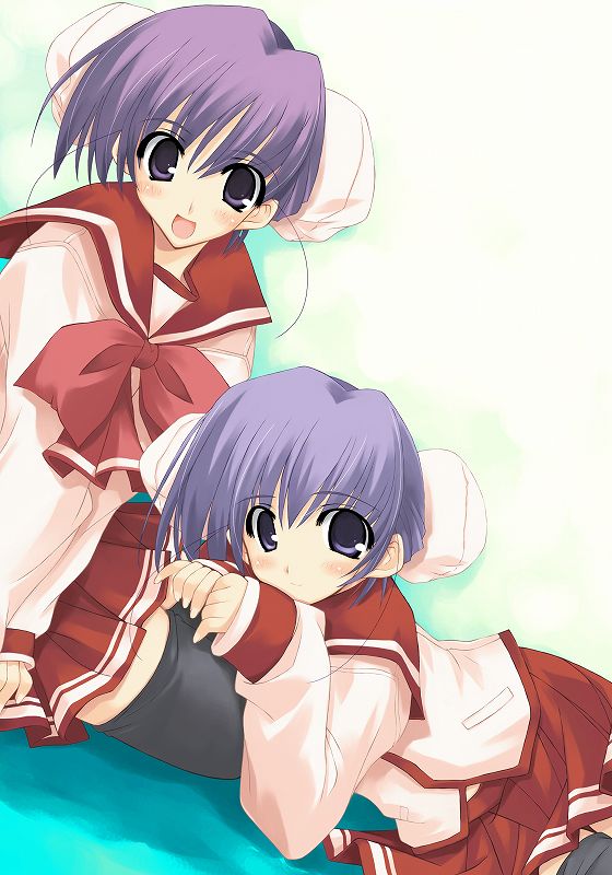 naipeta, himeyuri ruri, himeyuri sango, to heart (series), to heart 2, 00s, bun cover, double bun, hair bun, lap pillow, pleated skirt, school uniform, serafuku, siblings, sisters, skirt, thighhighs, twins, zettai ryouiki
