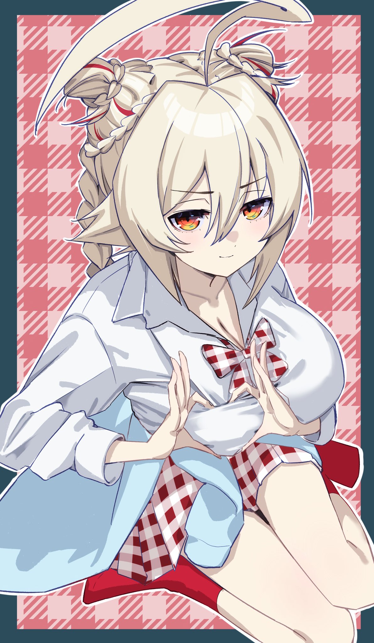 nueshinmei, es (xblaze), blazblue, cherry pop (vocaloid), xblaze, highres, 1girl, ahoge, alternate eye color, blonde hair, blush, bow, braid, breasts, cleavage, clothes around waist, collared shirt, double bun, hair between eyes, hair bun, heart, heart hands, large breasts, long hair, long sleeves, looking at viewer, multicolored hair, orange eyes, plaid bow, plaid clothes, red bow, red hair, shirt, skirt, solo, white shirt