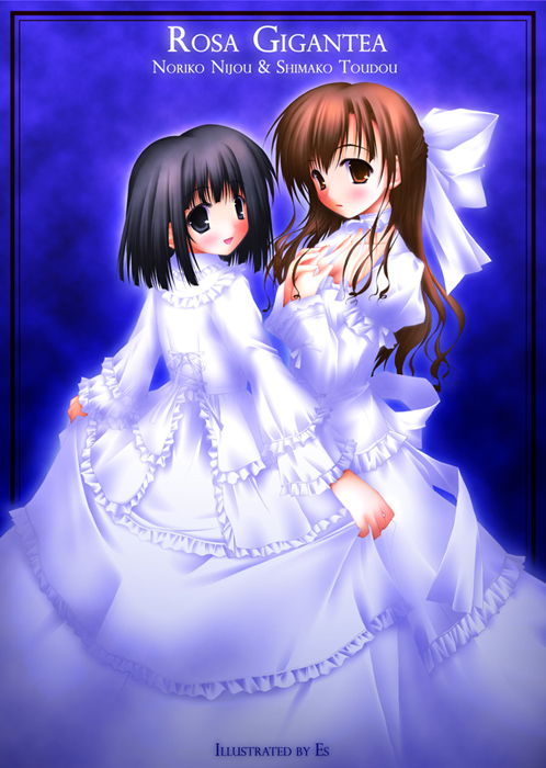 es (glasscastle), nijou noriko, toudou shimako, maria-sama ga miteru, 00s, 2girls, black eyes, black hair, blush, bow, brown eyes, brown hair, cowboy shot, dress, goth fashion, hair bow, hime lolita, large bow, lolita fashion, long hair, looking back, multiple girls, purple theme, short hair, sweet lolita, white dress, white theme